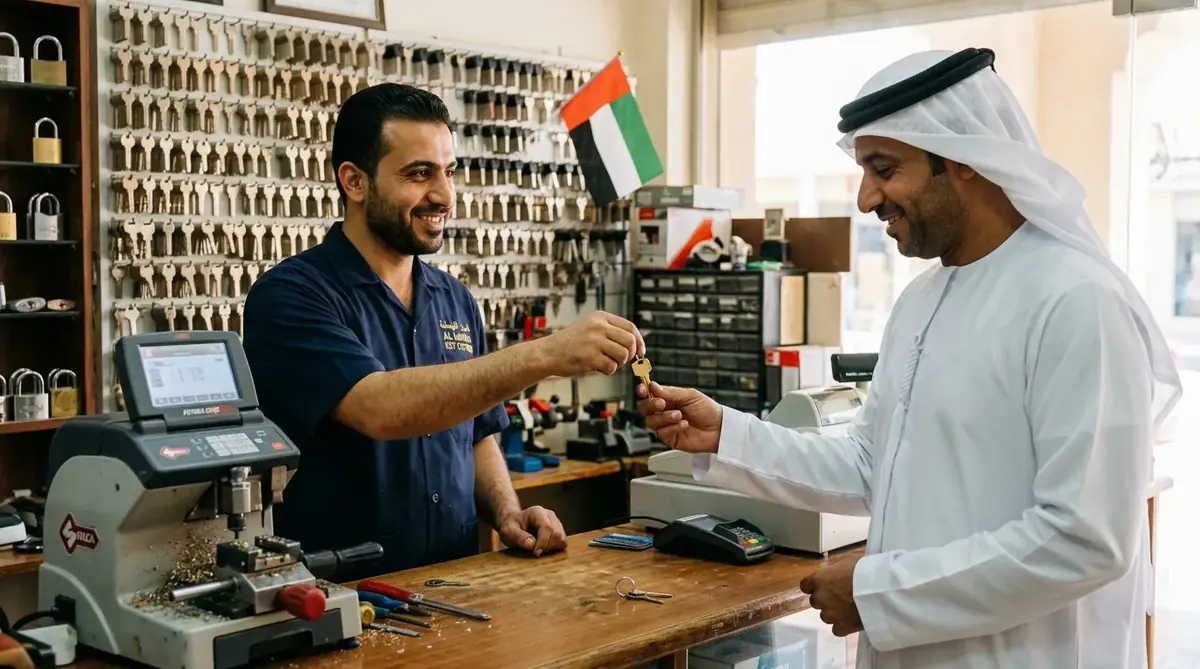 Customer service at Al Tair Althahbi Key Cutting counter, Madinat Zayed
